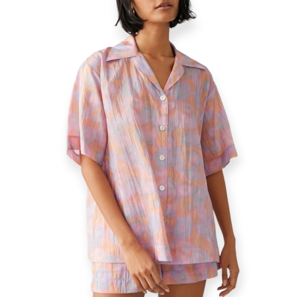 & Other Stories Boxy Short Sleeve Button Blouse Crinkle Pink Orange Blue Size 4